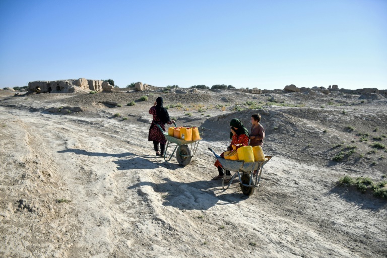 Des villageois acheminent des bidons d'eau sur des brouettes dans le village de Bolak, dans le nord de l'Afghanistan, le 10 juillet 2025 