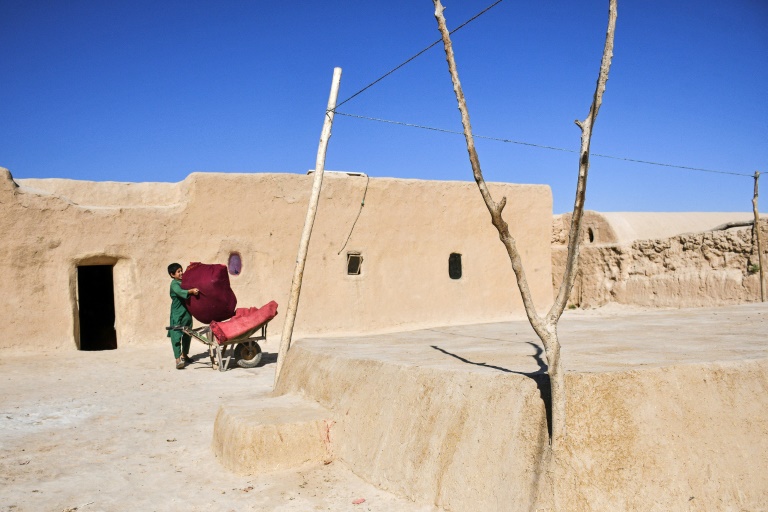 Un enfant afghan, qui fait partie des nombreux déplacés climatiques, place des effets personnels dans une brouette dans le village de Bolak, dans le nord de l'Afghanistan, le 10 juillet 2025 
