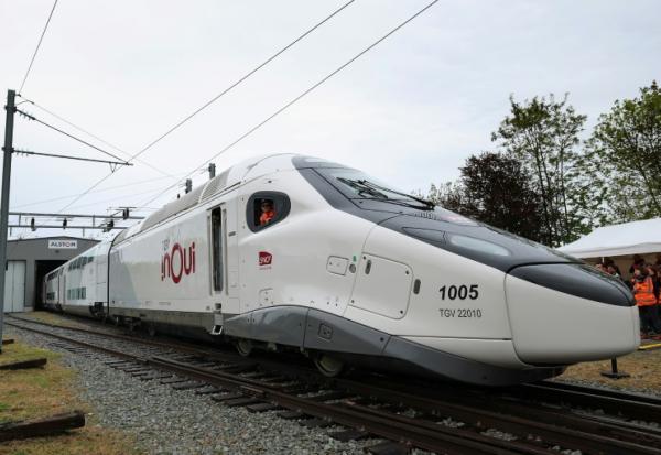Le TGV "M", train à grande vitesse de nouvelle génération de la SNCF,  à l'usine Alstom de Belfort, le 29 avril 2024