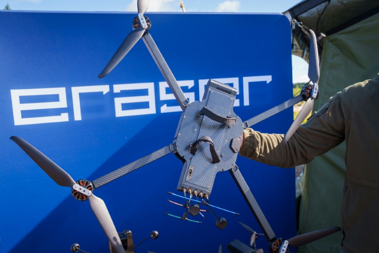 A Latvian Eraser B19 drone on display at anti-drone international military excises that Latvia hosted in 2025