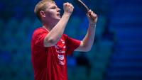 Le Français Félix Lebrun, lors de sa demi-finale face à son compatriote Léo De Nodrest, aux Championnats d'Europe de tennis de table, le 18 octobre 2026 à Ljubljana
