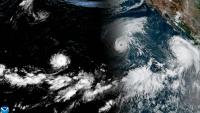 Vue satellite des trois ouragans Lowell, Karina et Marie au-dessus de l'océan Pacifique le 2 septembre 2026 (images de la NOAA, l'Agence américaine d'observation océanique et atmosphérique