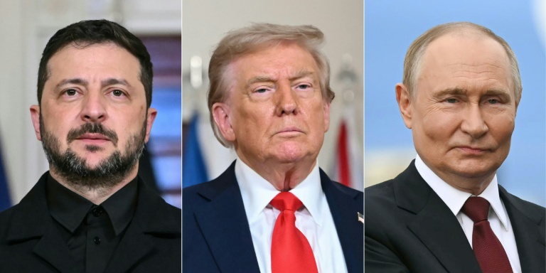 Ce combo montre de gauche à droite le président ukrainien Volodymyr Zelensky et le président américain Donald Trump à Washington, le 18 août 2025, et le président russe Vladimir Poutine à Anchorage, en Alaska, le 15 août 2025