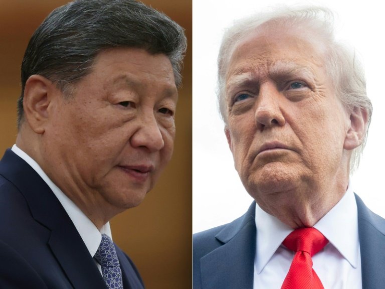 Combinaison d'images créée le 18 septembre 2025 du président chinois Xi Jinping à Beijing en Chine le 4 septembre 2025 et du président américain Donald Trump à Washington, aux Etats-Unis, le 16 septembre 2025