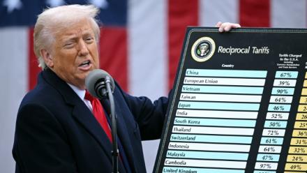 Donald Trump arborant son tableau avec les droits de douane ciblant chaque territoire ou entité, dans la Roseraie de la Maison Blanche à Washington D.C., le 2 avril 2025