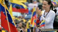 La cheffe de l'opposition vénézuélienne Maria Corina Machado lors d'un rassemblement de campagne du candidat à la présidence Edmundo Gonzalez Urrutia, à Barinas, au Venezuela, le 6 juillet 2024