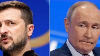Montage photos du 12 mai 2025 des présidents ukrainien Volodymyr Zelensky (g) et russe Vladimir Poutine
