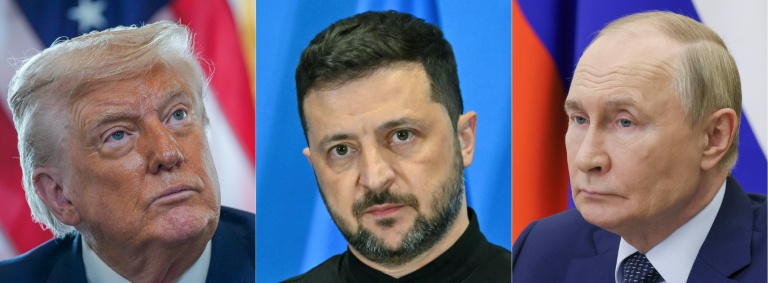 Un combo photo créé le 14 août 2025 montrant Donald Trump, Volodymyr Zelensky et Vladimir Poutine