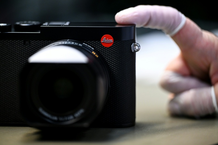 A small Leica logo is pictured at the Leica factory in Wetzlar