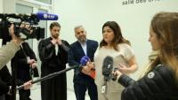 L'ex-députée LFI Raquel Garrido (2e à d), le député Alexis Corbière (c) et leur avocat Xavier Sauvignet (g) au palais de justice de Paris, le 14 mars 2025