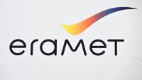 Le logo d'Eramet à l’entrée de son siège, dans la banlieue parisienne, à Trappes, le 16 mars 2023