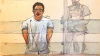 Croquis d'audience du 5 octobre 2026 montrant le ressortissant indien Rohan Rane (g) lors de son procès pour des sévices sexuels imposés en ligne à des mineures à la cour d'assises de Paris