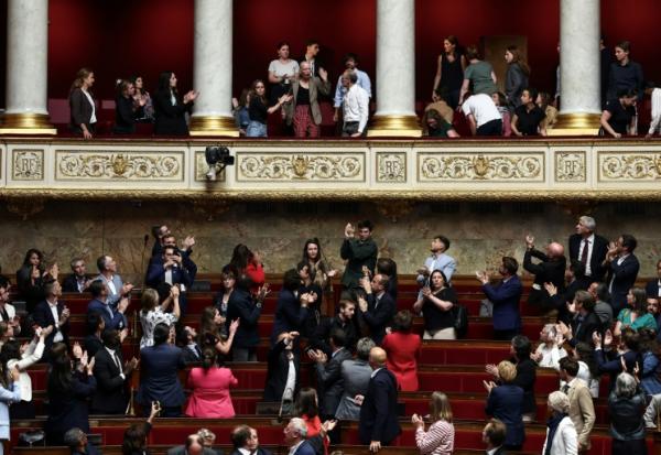 Fleur Breteau, membre du collectif Cancer Colère, intervient depuis la tribune réservée au public, à l'Assemblée nationale (en haut au centre), pour protester contre le vote de la loi "Duplomb", le 8 juillet 2025