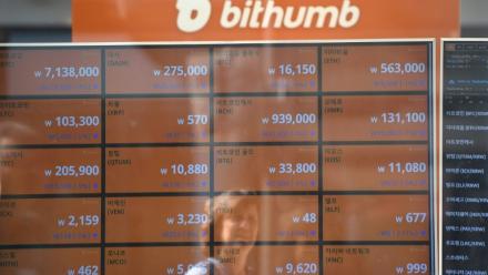 Un écran affiche les taux de change des cryptomonnaies de la plateforme Bithumb, à Séoul, le 20 juin 2018
