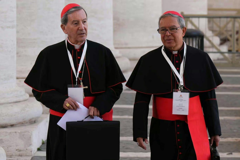 Les cardinaux colombiens Ruben Salazar Gomez (g) et Luis Jose Rueda Aparicio au Vatican, le 30 avril 2025