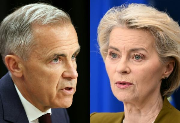 Combinaison d'images réalisée le 15 septembre 2026 du Premier ministre canadien Mark Carney, à gauche et de la présidente de la Commission européenne, Ursula von der Leyen 