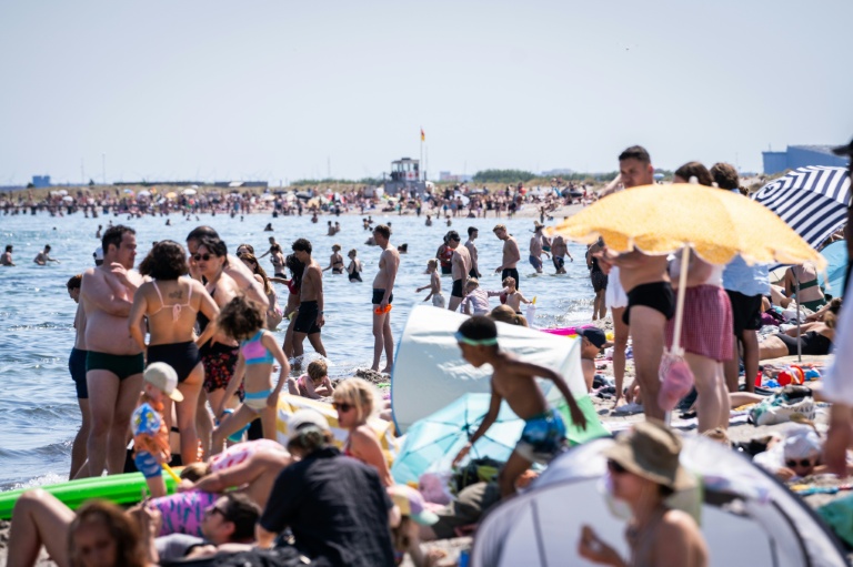 Des centaines de personnes essaient de se rafraîchir sur la plage d'Amager à Copenhague, le 27 juin 2026