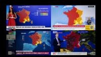 Des chaînes d'information françaises affichant une carte de la France, au plus fort de la vague de chaleur. La canicule qui touche la France métropolitaine depuis le 17 juin a fait grimper les températures à 40 °C ou plus dans plus de 50 départements, principalement dans l’ouest et le sud du pays, selon une analyse de l’AFP basée sur les données de Météo-France.