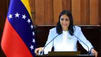 Photo distribuée par la présidence vénézuélienne le 30 janvier 2026 de la présidente par intérim Delcy Rodríguez, lors de son discours devant la Cour suprême de justice à Caracas