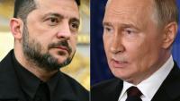 Volodymyr Zelensky (g) à Washington, le 18 août 2025, et Vladimir Poutin à Anchorage, en Alsaka, le 15 août 2025